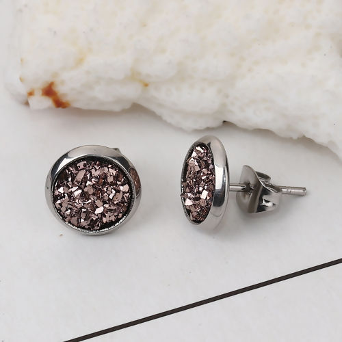Picture of 304 Stainless Steel Druzy/ Drusy Ear Post Stud Earrings Silver Tone Champagne Round AB Color 10mm( 3/8") Dia., Post/ Wire Size: (19 gauge), 2 Pairs”
