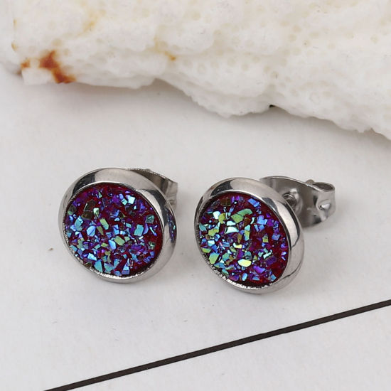Picture of 304 Stainless Steel Druzy/ Drusy Ear Post Stud Earrings Silver Tone White Round AB Color 10mm( 3/8") Dia., Post/ Wire Size: (19 gauge), 2 Pairs”