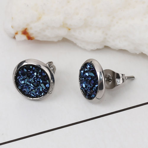 Picture of 304 Stainless Steel Druzy/ Drusy Ear Post Stud Earrings Silver Tone Deep Blue Round AB Color 10mm( 3/8") Dia., Post/ Wire Size: (19 gauge), 2 Pairs”