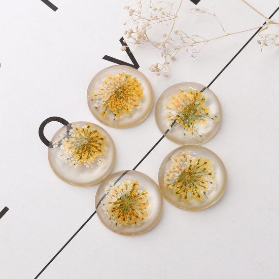 Picture of Resin Dome Seals Cabochon Round Orange Dried Flower Pattern Transparent 25mm(1") Dia, 10 PCs