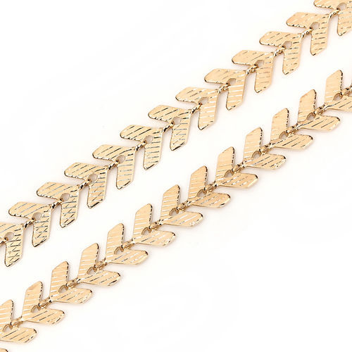 Picture of Brass Textured Spiky Chain Findings Fish Bone KC Gold Plated 6.8x6.2mm( 2/8" x 2/8"), 1 M                                                                                                                                                                     