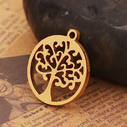 Image de Breloques en Alliage d'Aluminium Rond Arbres Or 17mm x 15mm, 2 Pcs