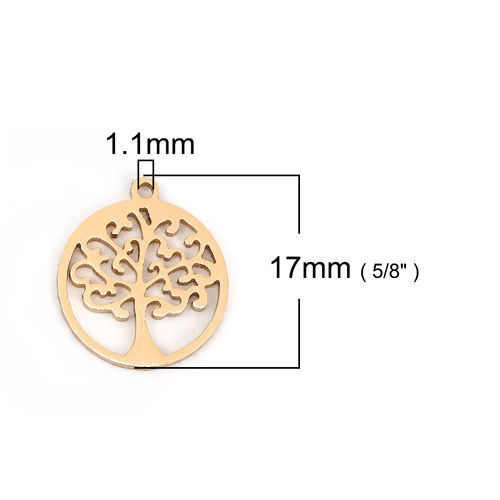 Image de Breloques en Alliage d'Aluminium Rond Arbres Or 17mm x 15mm, 2 Pcs