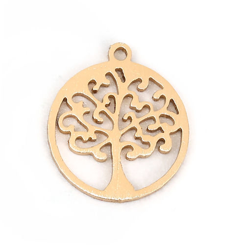 Image de Breloques en Alliage d'Aluminium Rond Arbres Or 17mm x 15mm, 2 Pcs