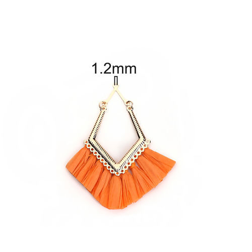 Image de Pendentifs Franges en Alliage de Fer & Raphia Losange Doré Orange Fait Main Env. 7.5cm x 7cm - 7.5cm x 6.5cm, 2 Pcs