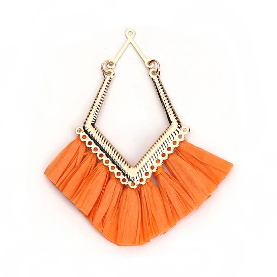Image de Pendentifs Franges en Alliage de Fer & Raphia Losange Doré Orange Fait Main Env. 7.5cm x 7cm - 7.5cm x 6.5cm, 2 Pcs