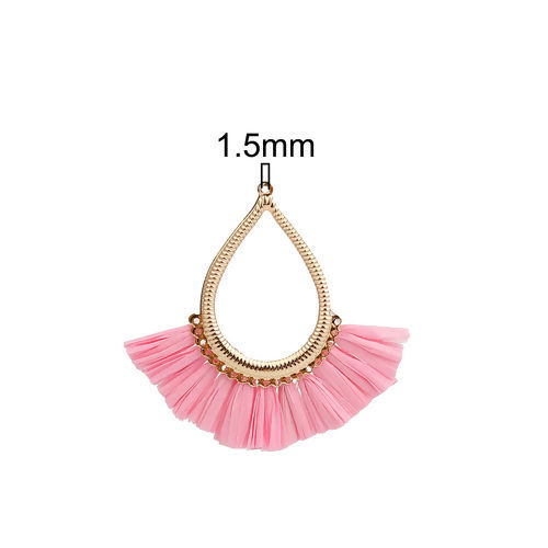 Image de Pendentifs Franges en Alliage de Fer & Raphia Marquise Doré Rose Fait Main Env. 7.3cm x 6.3cm - 6.3cm x 6cm, 2 Pcs