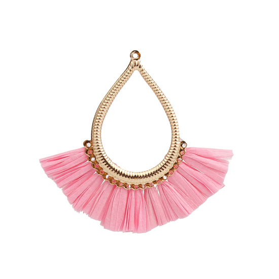Image de Pendentifs Franges en Alliage de Fer & Raphia Marquise Doré Rose Fait Main Env. 7.3cm x 6.3cm - 6.3cm x 6cm, 2 Pcs