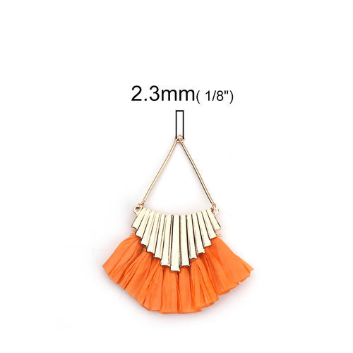 Image de Pendentifs Franges en Alliage de Fer & Raphia Losange Rayées Doré Orange Fait Main Env. 8.5cm x 7cm - 8cm x 7cm, 2 Pcs
