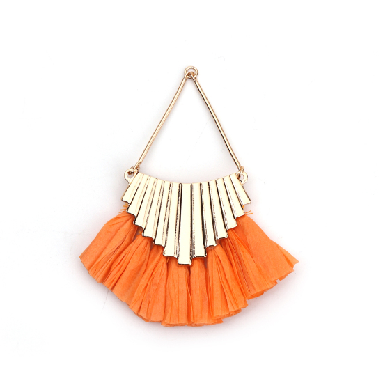 Image de Pendentifs Franges en Alliage de Fer & Raphia Losange Rayées Doré Orange Fait Main Env. 8.5cm x 7cm - 8cm x 7cm, 2 Pcs