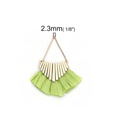 Image de Pendentifs Franges en Alliage de Fer & Raphia Losange Rayées Doré Vert Fait Main Env. 8.5cm x 7cm - 8cm x 7cm, 2 Pcs