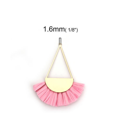 Image de Pendentifs Franges en Alliage de Fer & Raphia Eventail Doré Rose Fait Main Env. 8.5cm x 7cm - 8cm x 6.5cm, 2 Pcs