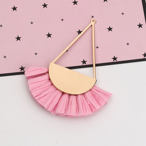 Image de Pendentifs Franges en Alliage de Fer & Raphia Eventail Doré Rose Fait Main Env. 8.5cm x 7cm - 8cm x 6.5cm, 2 Pcs