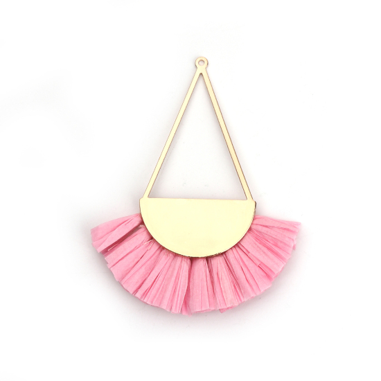 Image de Pendentifs Franges en Alliage de Fer & Raphia Eventail Doré Rose Fait Main Env. 8.5cm x 7cm - 8cm x 6.5cm, 2 Pcs