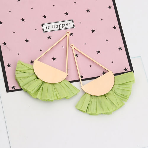 Image de Pendentifs Franges en Alliage de Fer & Raphia Eventail Doré Vert Fait Main Env. 8.5cm x 7cm - 8cm x 6.5cm, 2 Pcs