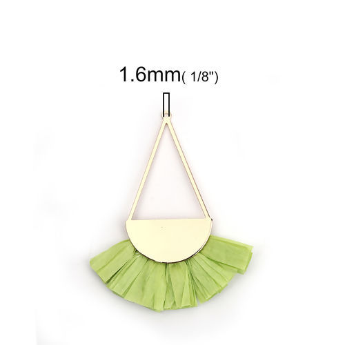 Image de Pendentifs Franges en Alliage de Fer & Raphia Eventail Doré Vert Fait Main Env. 8.5cm x 7cm - 8cm x 6.5cm, 2 Pcs