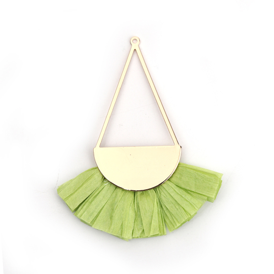 Image de Pendentifs Franges en Alliage de Fer & Raphia Eventail Doré Vert Fait Main Env. 8.5cm x 7cm - 8cm x 6.5cm, 2 Pcs