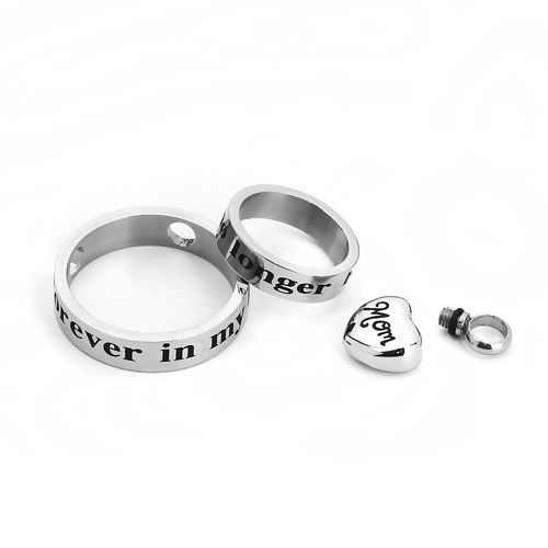 Image de 304 Breloques en Titane Acier Urne Funéraire de Crémation Cœur Argent Mat Anneau Gravé Mots" Mom " 17mm x 12mm, 27mm Dia, 19mm Dia, 1 Kit (3 Pcs/Kit)”
