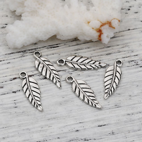 Picture of Zinc Based Alloy Charms Leaf Antique Silver Color 19mm( 6/8") x 7mm( 2/8"), 300 PCs