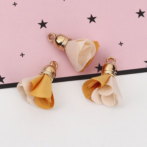 Picture of Fabric Tassel Charms Flower Gold Plated Off-white & Yellow About 24mm(1") x 20mm( 6/8"), 20 PCs