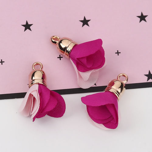 Picture of Fabric Tassel Charms Flower Gold Plated Fuchsia & Pink About 24mm(1") x 20mm( 6/8"), 20 PCs