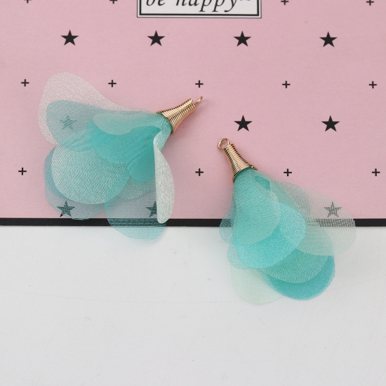 Image de Pendentifs Franges en Organza Fleur Doré Bleu-Vert Env. 5cm x 4.5cm - 4.5cm x 4cm, 20 Pcs