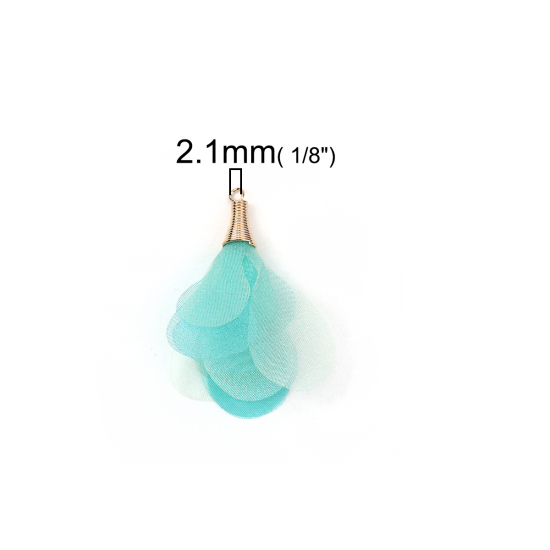 Image de Pendentifs Franges en Organza Fleur Doré Bleu-Vert Env. 5cm x 4.5cm - 4.5cm x 4cm, 20 Pcs