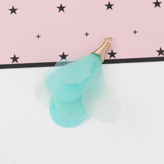 Image de Pendentifs Franges en Organza Fleur Doré Bleu-Vert Env. 5cm x 4.5cm - 4.5cm x 4cm, 20 Pcs