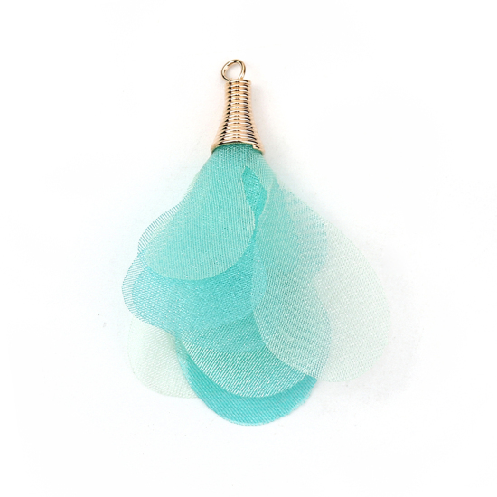 Image de Pendentifs Franges en Organza Fleur Doré Bleu-Vert Env. 5cm x 4.5cm - 4.5cm x 4cm, 20 Pcs