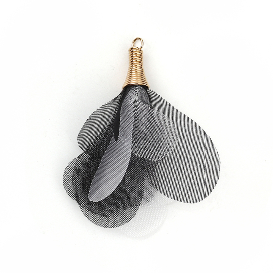 Image de Pendentifs Franges en Organza Fleur Doré Noir & Blanc Env. 5cm x 4.5cm - 4.5cm x 4cm, 20 Pcs