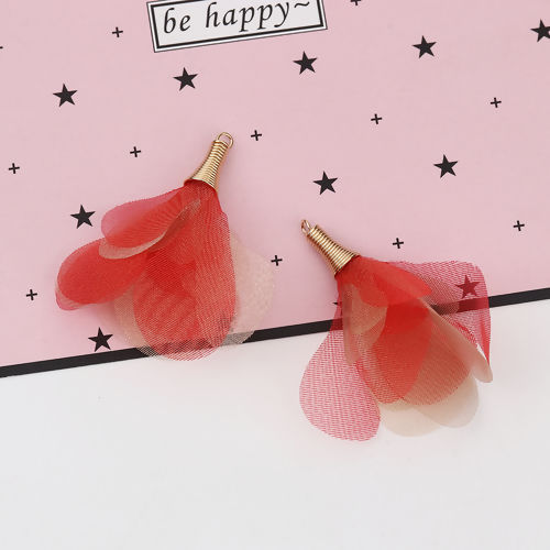 Image de Pendentifs Franges en Organza Fleur Doré Rouge Env. 5cm x 4.5cm - 4.5cm x 4cm, 20 Pcs