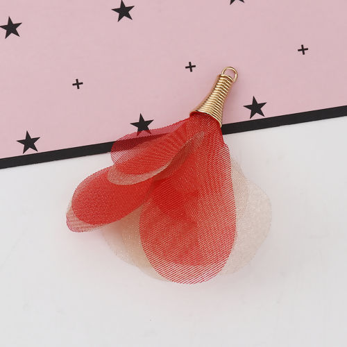 Image de Pendentifs Franges en Organza Fleur Doré Rouge Env. 5cm x 4.5cm - 4.5cm x 4cm, 20 Pcs