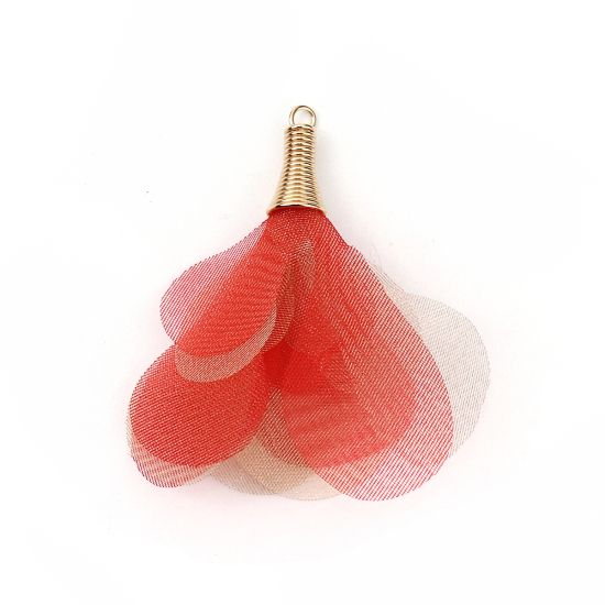 Image de Pendentifs Franges en Organza Fleur Doré Rouge Env. 5cm x 4.5cm - 4.5cm x 4cm, 20 Pcs