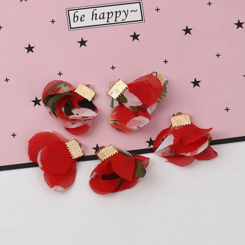 Picture of Fabric Tassel Pendants Flower Gold Plated Red About 30mm x25mm(1 1/8" x1") - 25mm x25mm(1" x1"), 20 PCs