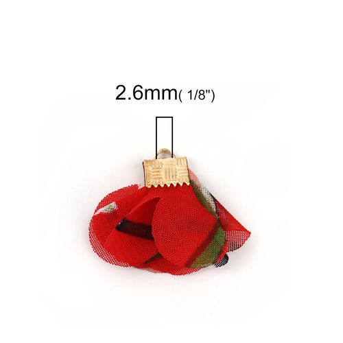 Picture of Fabric Tassel Pendants Flower Gold Plated Red About 30mm x25mm(1 1/8" x1") - 25mm x25mm(1" x1"), 20 PCs