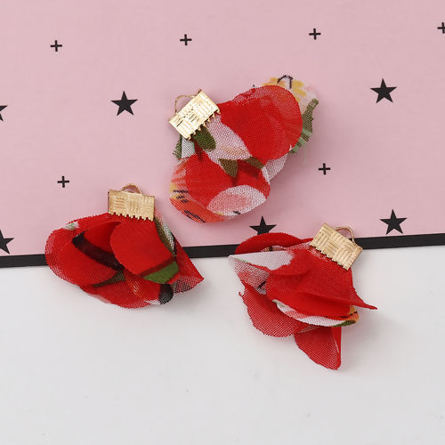 Picture of Fabric Tassel Pendants Flower Gold Plated Red About 30mm x25mm(1 1/8" x1") - 25mm x25mm(1" x1"), 20 PCs
