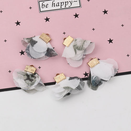 Picture of Fabric Tassel Pendants Flower Gold Plated White About 30mm x25mm(1 1/8" x1") - 25mm x25mm(1" x1"), 20 PCs