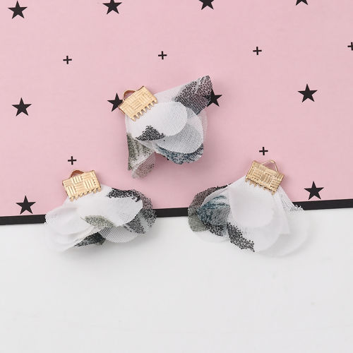 Picture of Fabric Tassel Pendants Flower Gold Plated White About 30mm x25mm(1 1/8" x1") - 25mm x25mm(1" x1"), 20 PCs