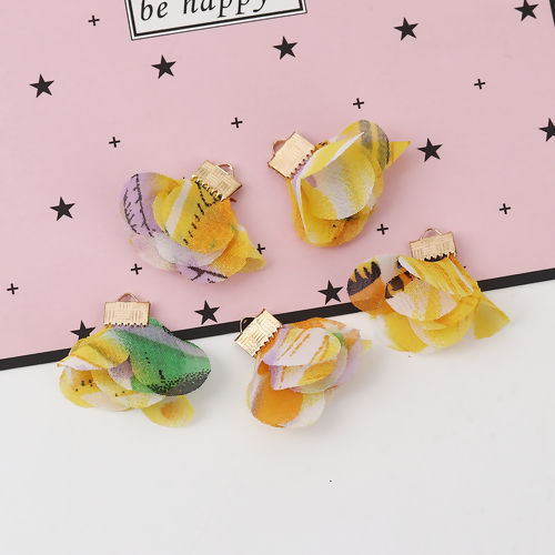 Picture of Fabric Tassel Pendants Flower Gold Plated Yellow About 30mm x25mm(1 1/8" x1") - 25mm x25mm(1" x1"), 20 PCs