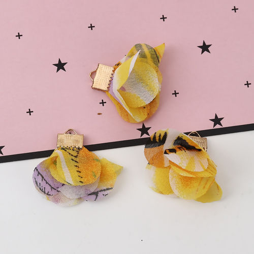 Picture of Fabric Tassel Pendants Flower Gold Plated Yellow About 30mm x25mm(1 1/8" x1") - 25mm x25mm(1" x1"), 20 PCs