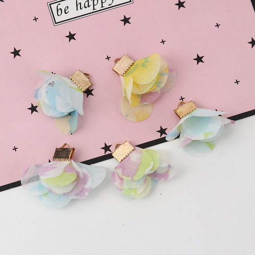 Picture of Fabric Tassel Pendants Flower Gold Plated Multicolor About 30mm x25mm(1 1/8" x1") - 25mm x25mm(1" x1"), 20 PCs