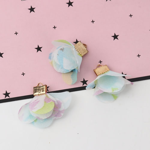 Picture of Fabric Tassel Pendants Flower Gold Plated Multicolor About 30mm x25mm(1 1/8" x1") - 25mm x25mm(1" x1"), 20 PCs