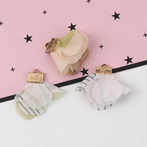 Picture of Fabric Tassel Pendants Flower Gold Plated Multicolor About 30mm x25mm(1 1/8" x1") - 25mm x25mm(1" x1"), 20 PCs