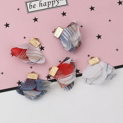 Picture of Fabric Tassel Pendants Flower Gold Plated Multicolor About 30mm x25mm(1 1/8" x1") - 25mm x25mm(1" x1"), 20 PCs