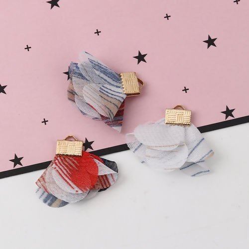 Picture of Fabric Tassel Pendants Flower Gold Plated Multicolor About 30mm x25mm(1 1/8" x1") - 25mm x25mm(1" x1"), 20 PCs