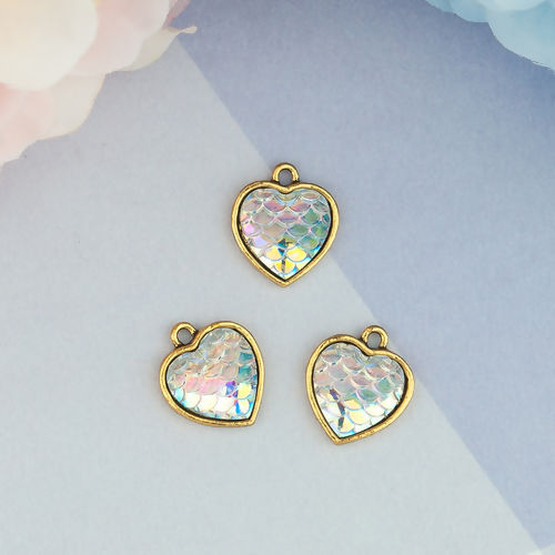 Picture of Zinc Based Alloy & Resin Mermaid Fish/ Dragon Scale Charms Heart Gold Tone Antique Gold White AB Color 16mm( 5/8") x 14mm( 4/8"), 10 PCs