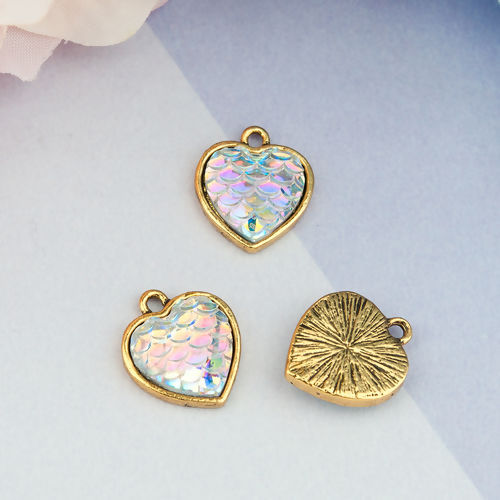 Picture of Zinc Based Alloy & Resin Mermaid Fish/ Dragon Scale Charms Heart Gold Tone Antique Gold White AB Color 16mm( 5/8") x 14mm( 4/8"), 10 PCs