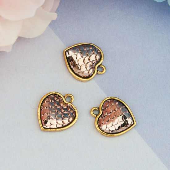 Picture of Zinc Based Alloy & Resin Mermaid Fish/ Dragon Scale Charms Heart Gold Tone Antique Gold White AB Color 16mm( 5/8") x 14mm( 4/8"), 10 PCs