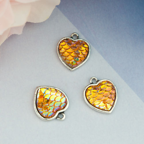 Picture of Zinc Based Alloy & Resin Mermaid Fish/ Dragon Scale Charms Heart Antique Silver Color Orange AB Color 16mm( 5/8") x 14mm( 4/8"), 10 PCs