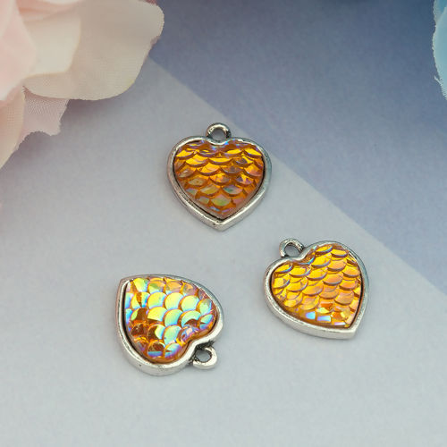 Picture of Zinc Based Alloy & Resin Mermaid Fish/ Dragon Scale Charms Heart Antique Silver Color Orange AB Color 16mm( 5/8") x 14mm( 4/8"), 10 PCs